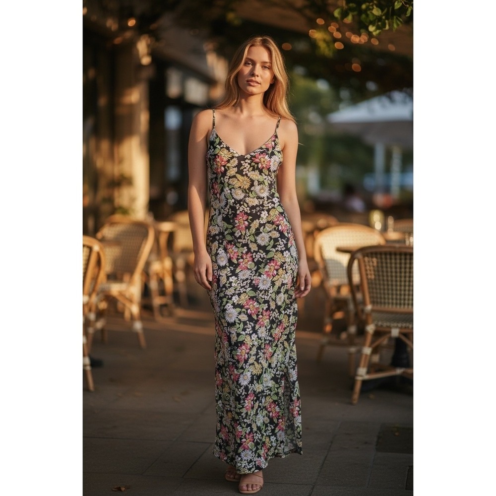 No Comment Women Maxi Dress M Black Floral Mesh Spaghetti Strap Boho Cinched Hem